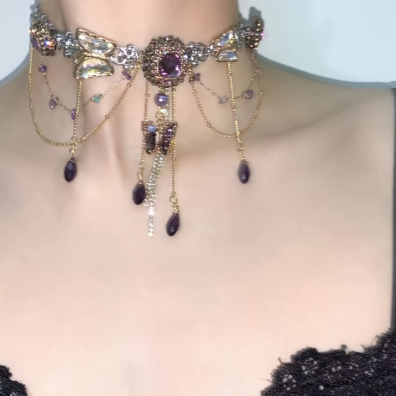 Niche Purple Vintage Butterfly Multi-layered Tassel Necklace